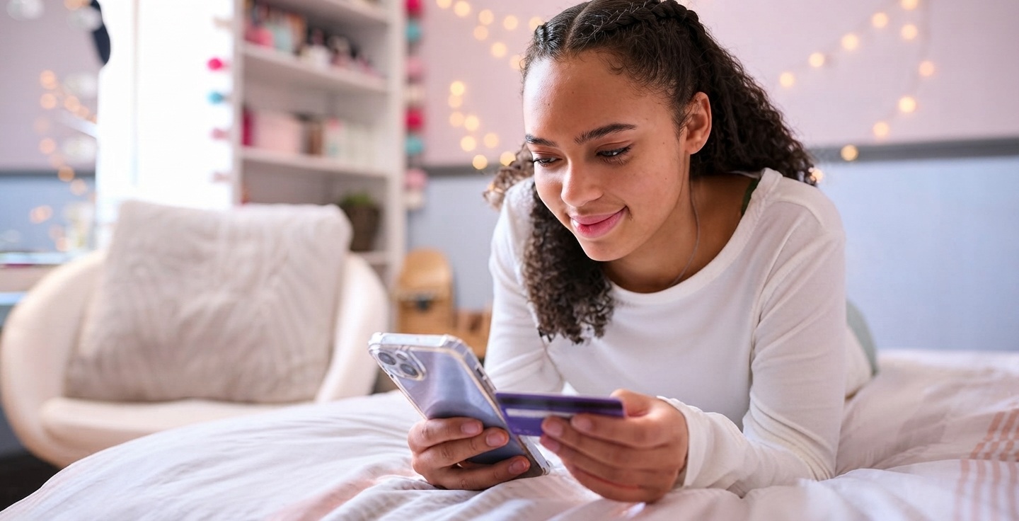 Un adolescent de 15 ans utilise une application bancaire mobile pour consulter son solde et gérer son budget