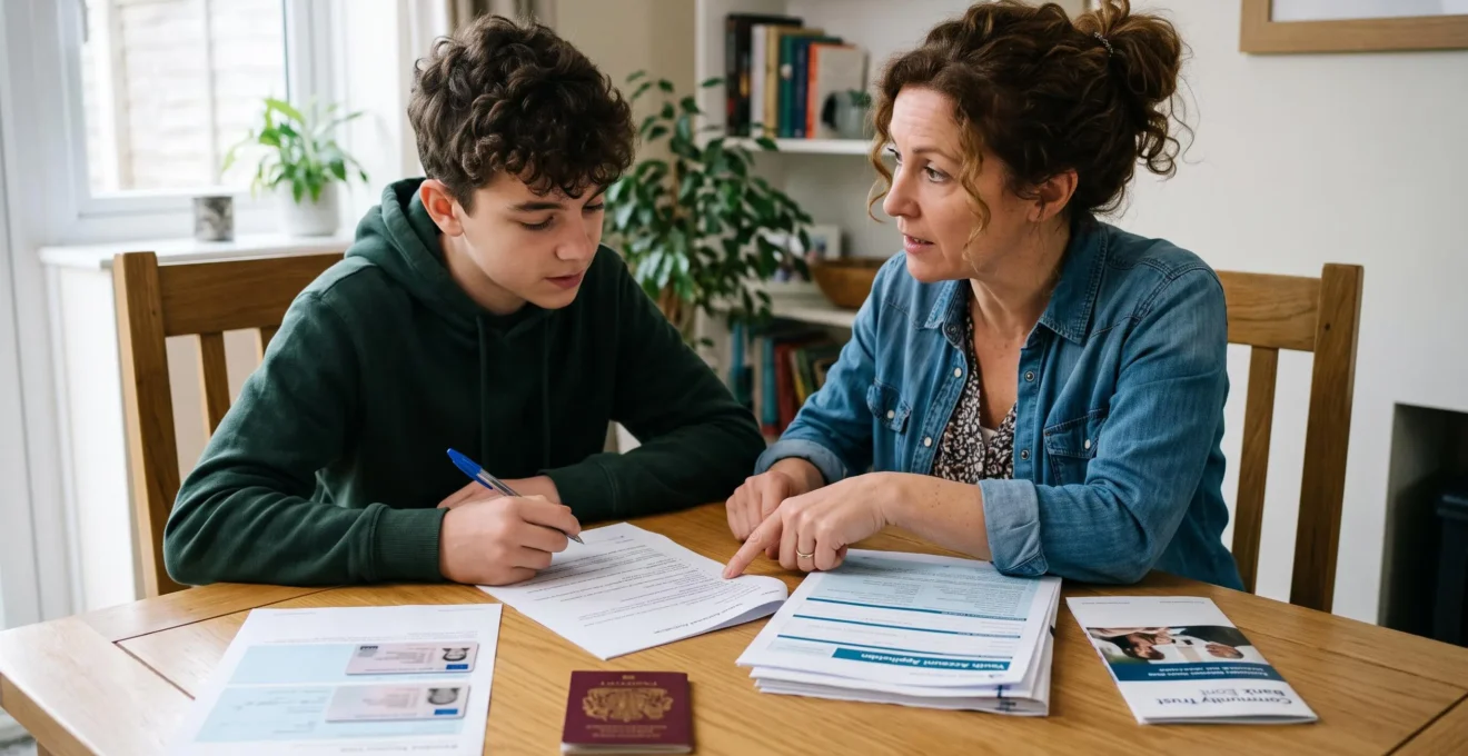 Un parent et son adolescent consultent ensemble les documents nécessaires à l'ouverture d'un compte bancaire jeune
